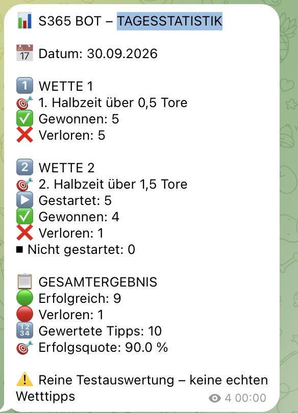 S365 Bot Tagesstatistik vom 30.09.2026: 10 gewertete Tipps, 9 erfolgreich, 1 verloren, Erfolgsquote 90,0 % (Reine Testauswertung – keine echten Wetttipps)